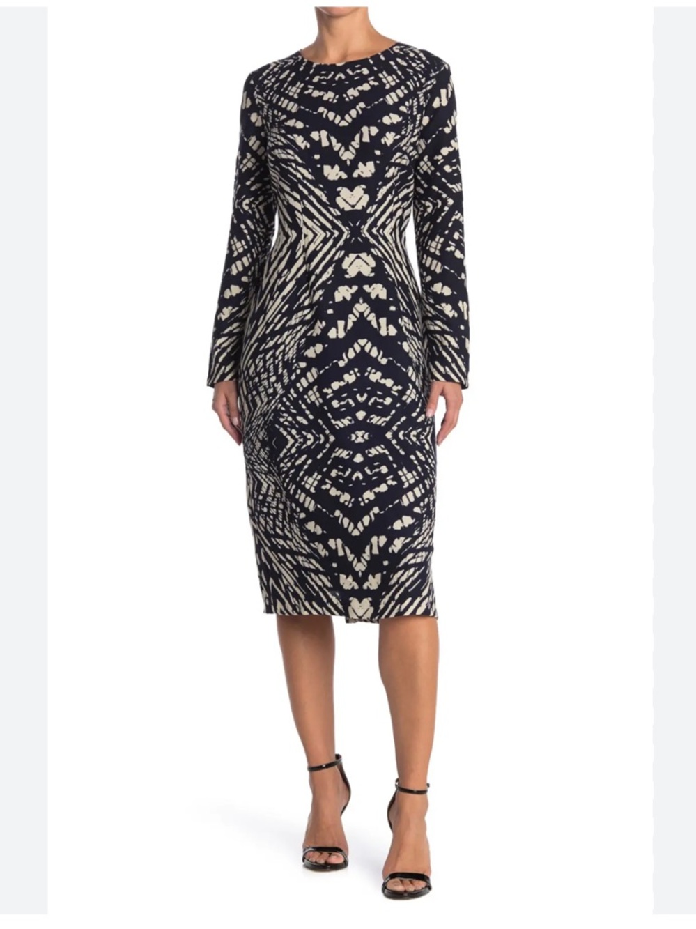 maggie london Long Sleeve Navy / Cream Printed Sheath Dress with exposed zipper